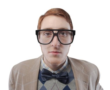 Portrait of a funny nerd guy with big glasses, he is nervous and looking at camera clipart