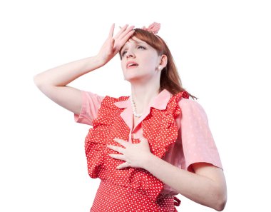 Stressed sad vintage style housewife portrait: she is touching her head and chest and she is feeling tired clipart