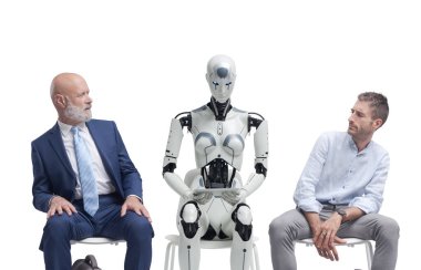 Disappointed job applicants sitting in the waiting room and staring at the AI robot candidate, they are waiting for the job interview