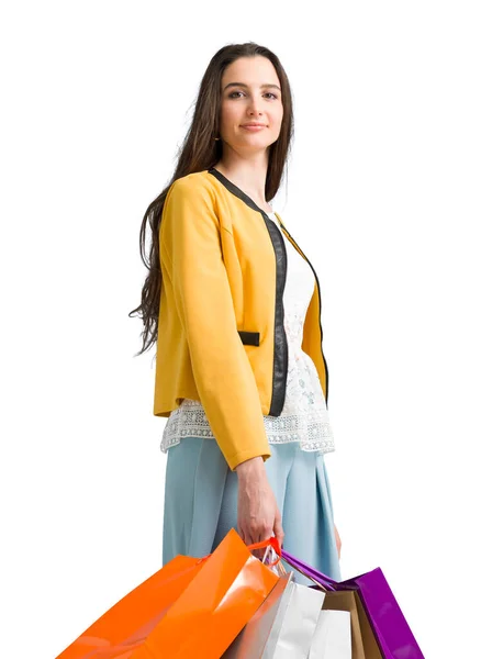Lächelnde Junge Frau Beim Einkaufen Sie Hält Eine Menge Einkaufstüten — Stockfoto