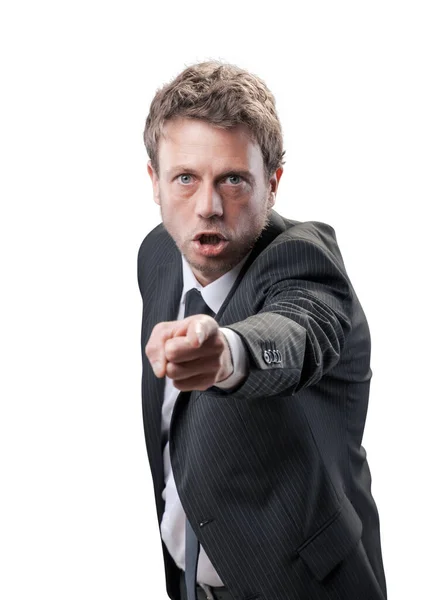 Angry Corporate Businessman Shouting Pointing Camera Aggressive Stressed — Stock Photo, Image
