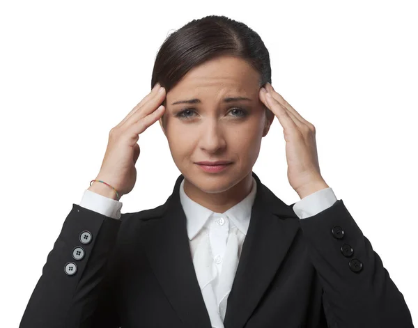 Young Businesswoman Strong Headache Touching Her Temples — Stock Photo, Image