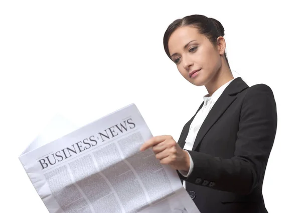 Attractive Confident Businesswoman Black Jacket Holding Financial Newspaper — Stock Photo, Image