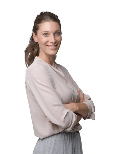 Smiling Young Woman Wearing Elegant Shirt Posing Arms Crossed She — Stock Photo, Image