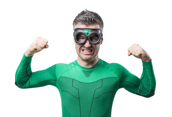 Зелёный Супергерой Показывает Бицепсы Поднятыми Кулаками — стоковое фото