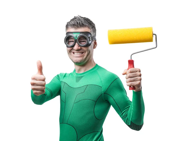 Funny Superhero Thumbs Holding Painting Roller Smiling Camera — Stock Photo, Image