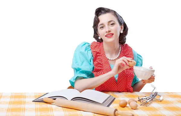 Beautiful Vintage Style Housewife Preparing Dessert Home She Checking Recipe — Stock Photo, Image