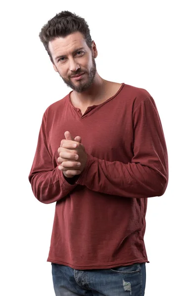 Selbstbewusster Attraktiver Mann Posiert Auf Grauem Hintergrund — Stockfoto