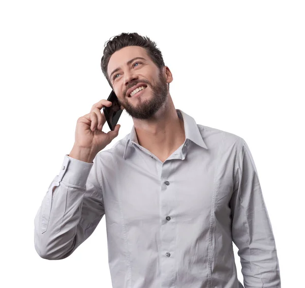 Sonriente Joven Hombre Negocios Teniendo Una Llamada Telefónica Con Móvil —  Fotos de Stock