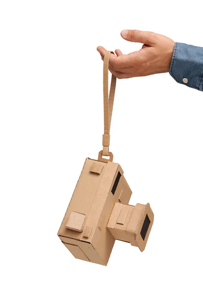Photographer Holding Handmade Eco Friendly Cardboard Camera Crafts Creativity Concept — Stock Photo, Image