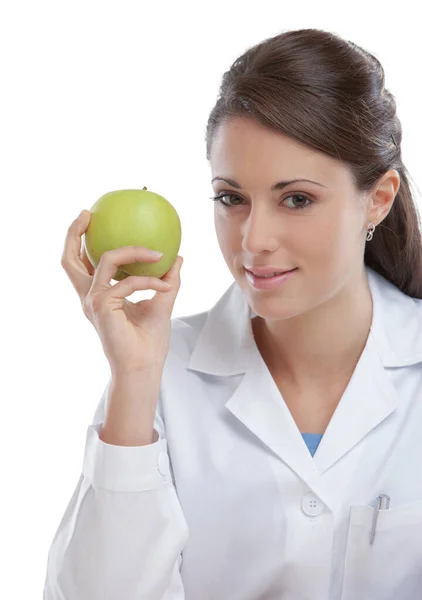 Vrouwelijke Arts Voedingsdeskundige Houden Een Groene Appel — Stockfoto
