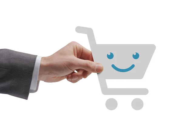 Businessman Holding Smiling Shopping Cart Icon Online Shopping Concept — Stockfoto