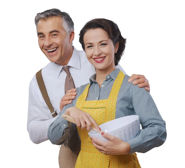 Vintage Loving Couple Home She Wearing Apron Cooking — Stock Photo, Image