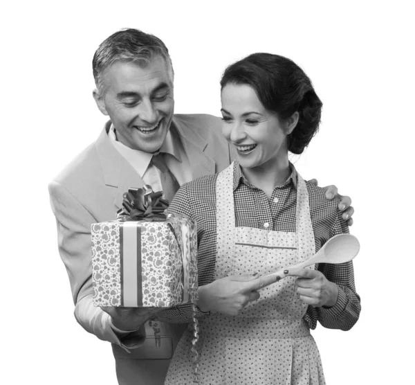 Vintage Romantic Couple Home Giving His Wife Beautiful Surprise Gift — Stock Photo, Image