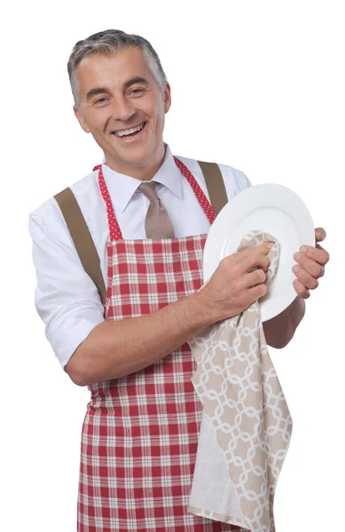 Vintage Uśmiechnięty Człowiek Fartuch Prace Domowe Sprzątanie Kuchni — Zdjęcie stockowe