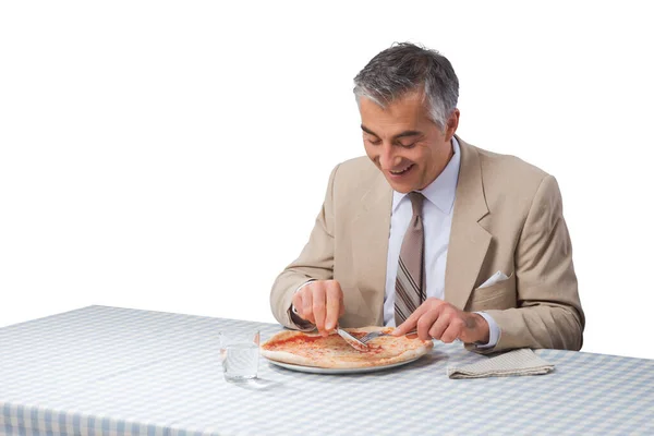 Glimlachend Elegante Zakenman Met Een Pizza Tijdens Zijn Lunchpauze — Stockfoto