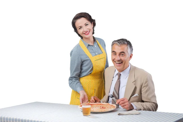 Happy Vintage Couple Having Dinner She Serving Pizza Her Husband — Stock Photo, Image