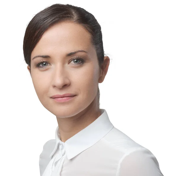 Charming Young Woman Smiling White Shirt Face Close — Stock Photo, Image