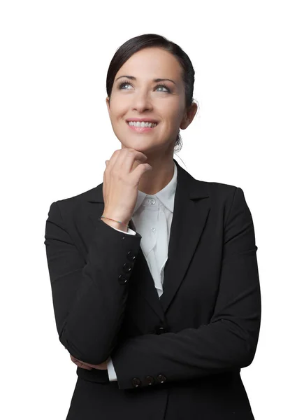 Lächelnde Charmante Geschäftsfrau Mit Der Hand Kinn Die Wegschaut — Stockfoto