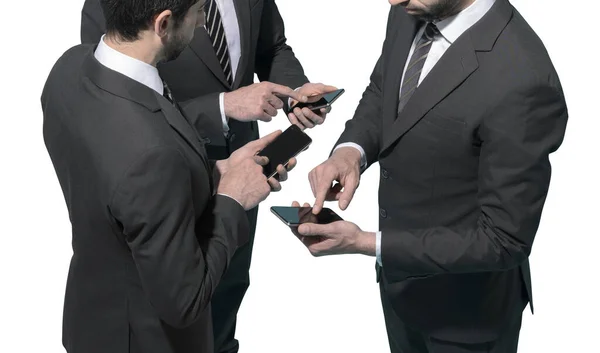 Geschäftsleute Treffen Sich Und Nutzen Ihre Smartphones Kommunikations Und Technologiekonzept — Stockfoto