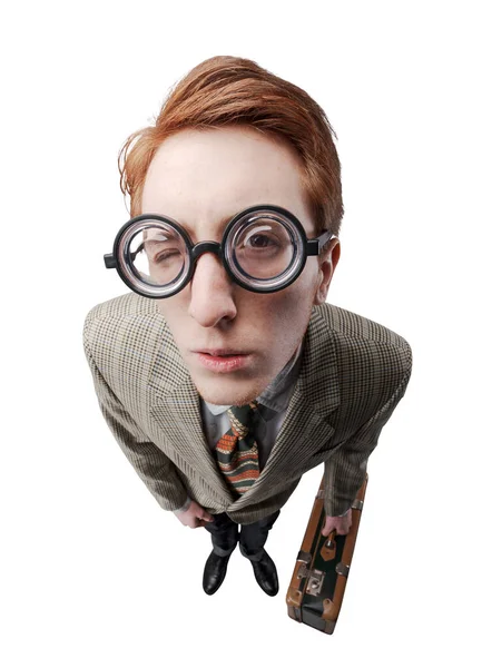 Zabawny Sprzedawca Grubych Okularach Teczce Stoi Przed Drzwiami Czeka — Zdjęcie stockowe