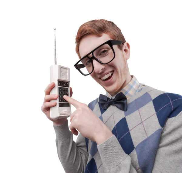 Lustiger Nerd Mit Großer Brille Der Ein Schnurloses Telefon Hält — Stockfoto