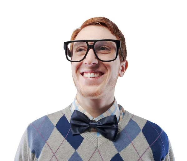 Retrato Chico Nerd Divertido Con Grandes Gafas Está Sonriendo Riendo —  Fotos de Stock