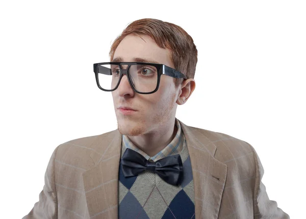 Porträt Eines Lustigen Nerds Mit Großer Brille Der Nervös Ist — Stockfoto