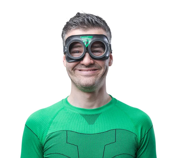 Vrolijke Superheld Groen Kostuum Glimlachend Camera — Stockfoto