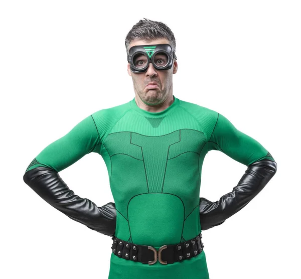 Disappointed Funny Superhero Grimacing Looking Camera — Stock Photo, Image