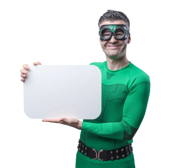 Funny Green Superhero Holding Empty Sign Looking Camera — Stock Photo, Image