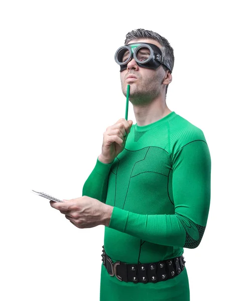 Grüner Superheld Blickt Auf Und Denkt Mit Grünem Bleistift Und — Stockfoto