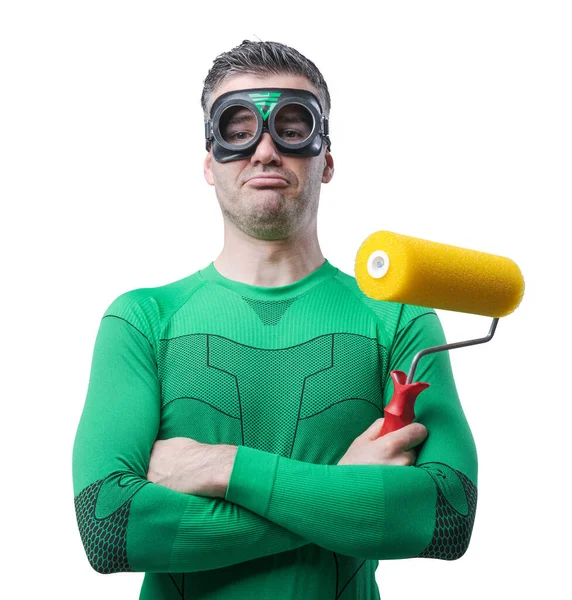 Funny Invincible Superhero Arms Crossed Holding Painting Roller — Stock Photo, Image