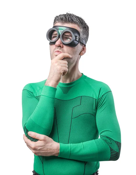 Pensive Funny Superhero Hand Chin Looking — Stock Photo, Image