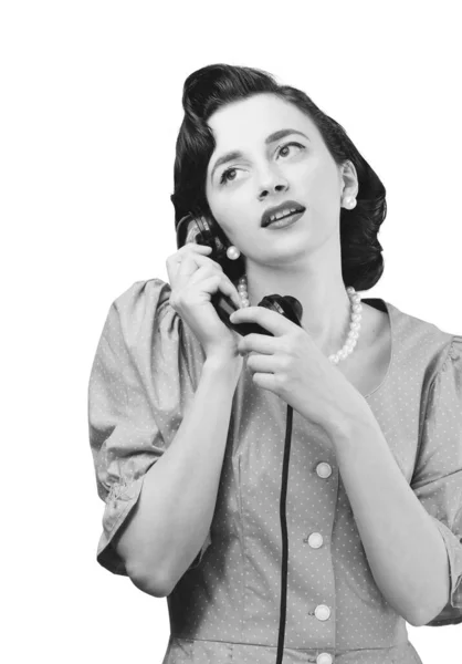 Mulher Estilo Vintage Segurando Receptor Ter Telefonema Ela Está Tendo — Fotografia de Stock