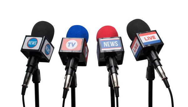 Mikrofonsatz Bereit Für Pressekonferenz Kommunikation Und Medienkonzept — Stockfoto
