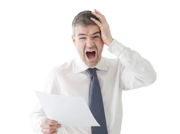 Businessman Office Receiving Shocking Bills Tax Documents Gasping Screaming — Stock Photo, Image