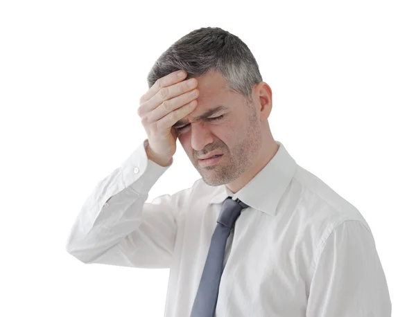 Geschäftsmann Seinem Büro Hat Starke Kopfschmerzen Schließt Die Augen Und — Stockfoto