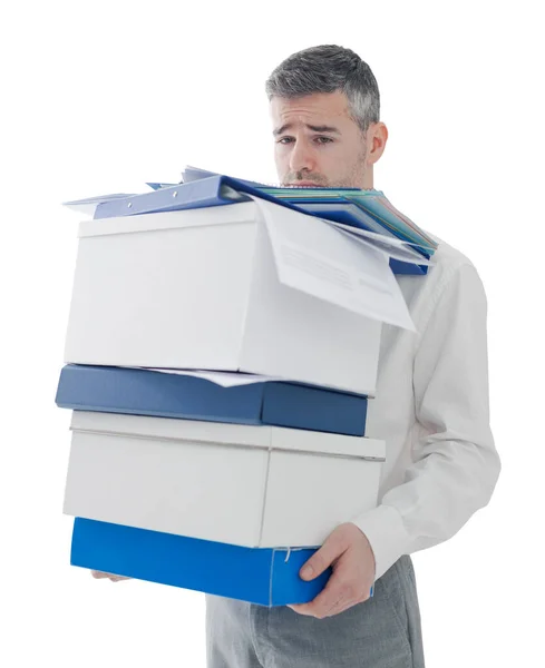Frustrado Triste Empresario Llevando Una Carga Cajas Papeleo Oficina Reubicación — Foto de Stock