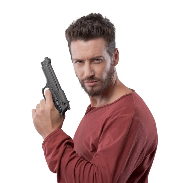 Pewny Siebie Agresywny Mężczyzna Trzymający Broń Chłodne Nastawienie — Zdjęcie stockowe