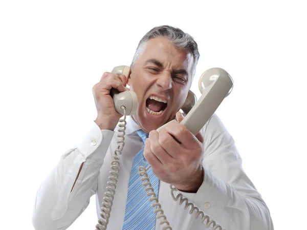 Stressed Angry Businessman Holding Many Receivers Answering Many Phone Calls — Stock Photo, Image