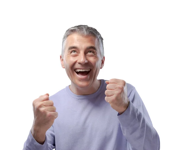 Веселий Щасливий Зрілий Чоловік Святкує Свій Успіх Піднятими Кулаками — стокове фото