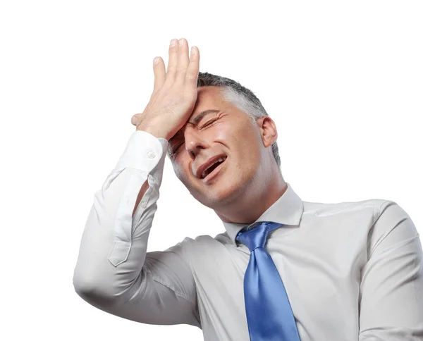 Estressado Frustrado Empresário Tocando Sua Cabeça Ele Cometeu Erro — Fotografia de Stock