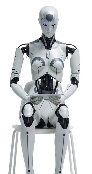 Humanoid Robot Sedí Židli Používá Tablet — Stock fotografie