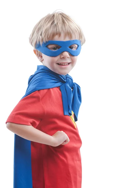 Little Boy Superhjälte Kostym Poserar Isolerad Vit Bakgrund — Stockfoto