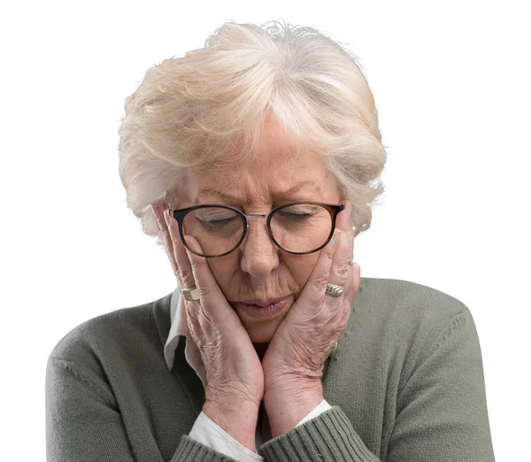 Traurig Depressive Alte Frau Posiert Mit Dem Kopf Den Händen — Stockfoto