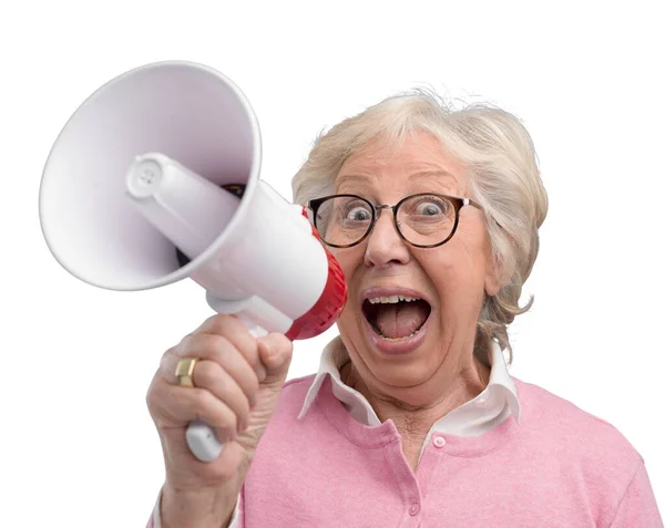 Cheerful Senior Woman Shouting Megaphone Communication Advertising Concept — Stock Photo, Image