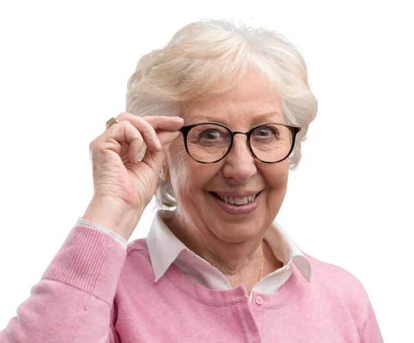Felice Signora Anziana Posa Mostrando Suoi Occhiali Cura Degli Occhi — Foto Stock