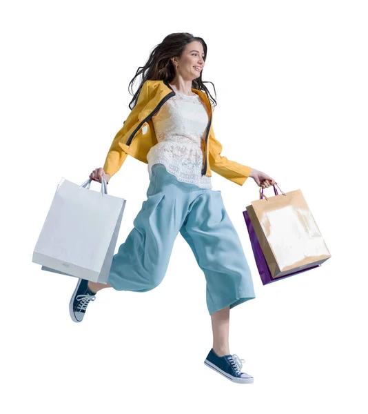 Wesoła Szczęśliwa Kobieta Korzystających Zakupy Ona Jest Prowadzenie Torby Zakupy — Zdjęcie stockowe
