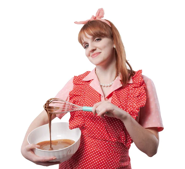 Retro Style Housewife Preparing Homemade Sweet She Stirring Dough Bowl — Stock Photo, Image